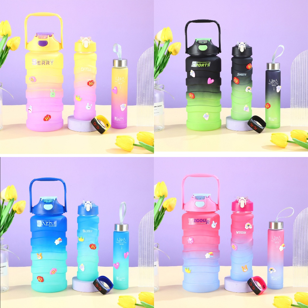 kit 3 garrafa agua squeeze galão com adesivos lembretes beber agua com suporte para celular