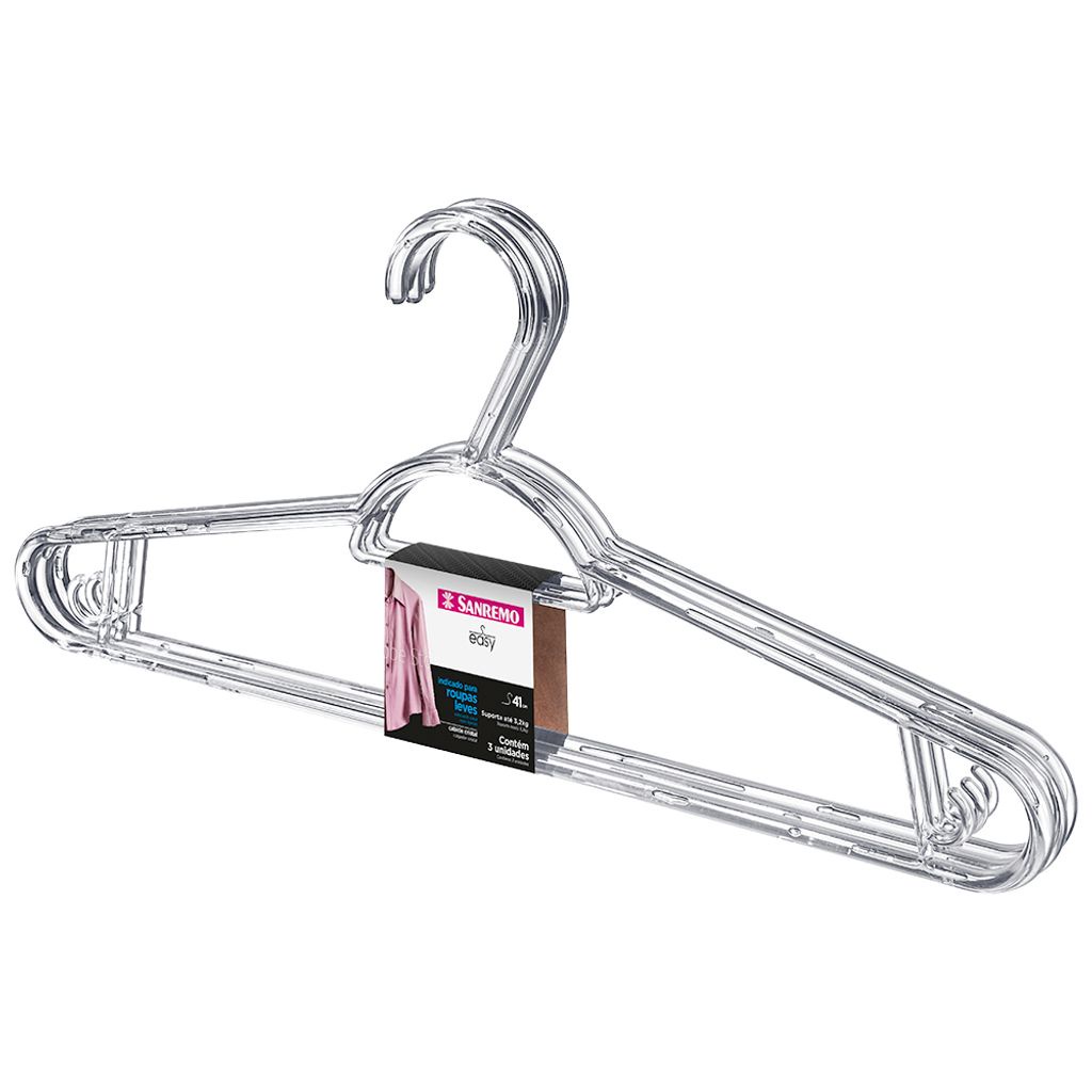 Cabide Plástico Multifuncional Transparente 41cm Easy Sanremo 3 Unidades