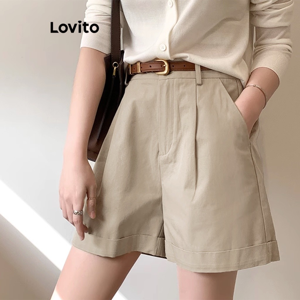 Lovito Casual Shorts Feminino Liso com Zíper LNA27329 (Multicolorido)