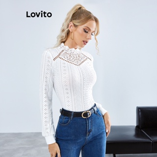 Lovito Camiseta com Recortes de Renda Simples para Mulheres LBE01062 (Branco)