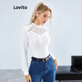 Lovito Camiseta com Recortes de Renda Simples para Mulheres LBE01062 (Branco)