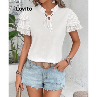 Lovito Blusa Boho Simples De Camada Dupla Com Renda Para Mulheres LNL34013 (Branco Verde)