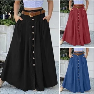 Vestuário de mulherBotão das mulheres para cima saia longa/bolso frontal/vintage/casual/elegante