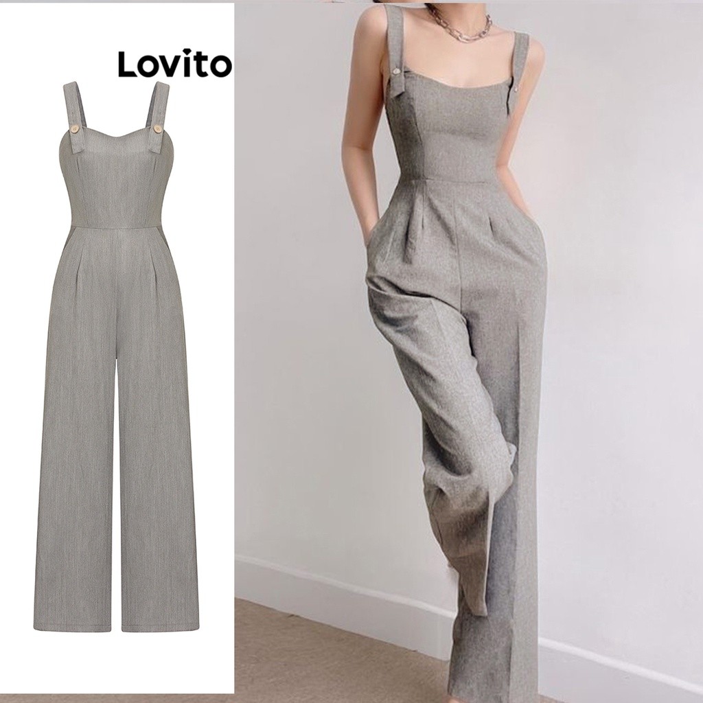 Lovito Elegante Macacão com Botões para Mulheres L74ED213 (Multicolorido)