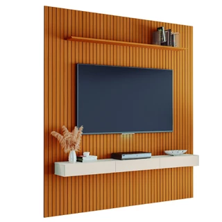 Painel para TV até 75 Polegadas 2,25x2,40m Ripado com Nicho Arbo Cedro/Off White EDN
