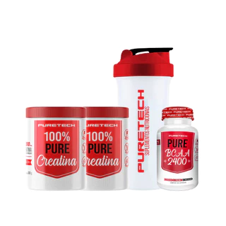 Kit 2x Creatina 100% Pure 300g + Bcaa 2400 120Caps + Coqueteleira PURETECH em Oferta na Shopee