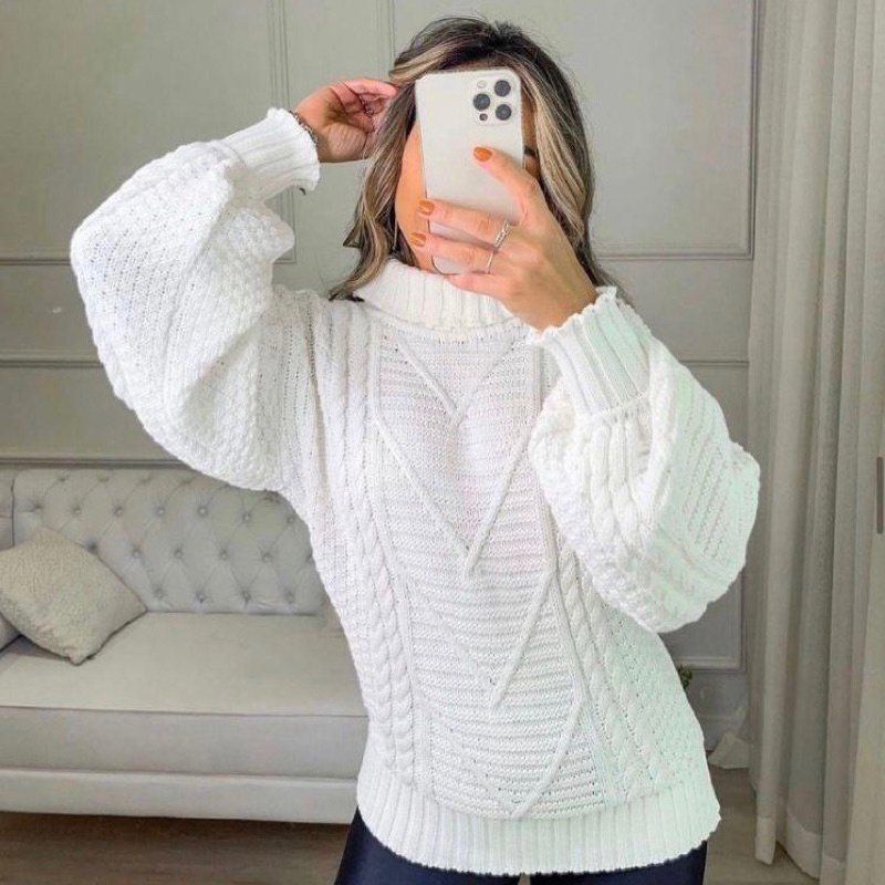 Blusa De Frio Tricot Gola Alta Manga Longa Tendência | Shopee Brasil
