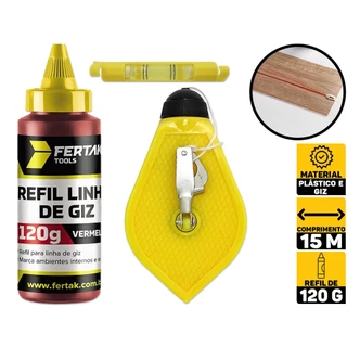 Kit Giz De Linha 15 Metros Pedreiro Gesseiro Marcação Gesso Nível Com Refil Fertak 6944