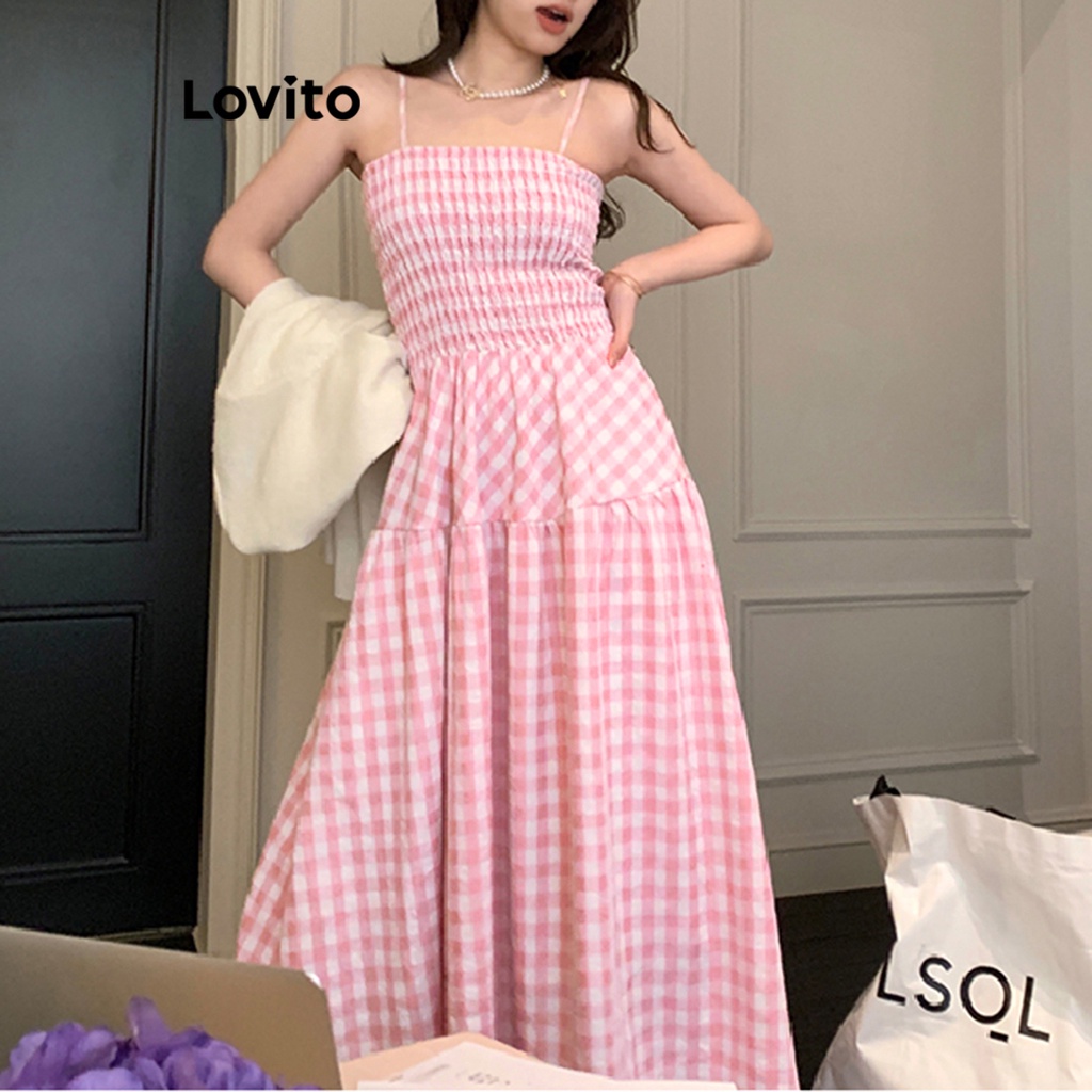 Lovito Casual Vestido Feminino Xadrez Bata de Alcinha com Bainha de Babados LNE16030 (Rosa)