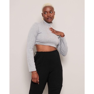 Blusa Cropped Feminina Gola Alta Canelada Cinza