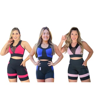 Kit 3 Conjuntos Fitness Top e Short Roupas Femininas Para Academia (P -  34/36, A11 - Estampado Sortido)