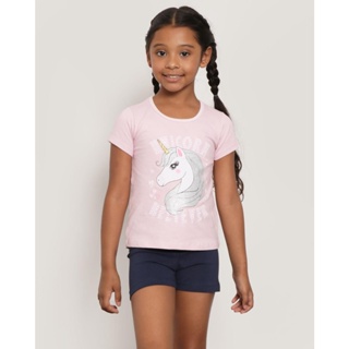 Conjunto Infantil Manga Curta Unicórnio Rosa