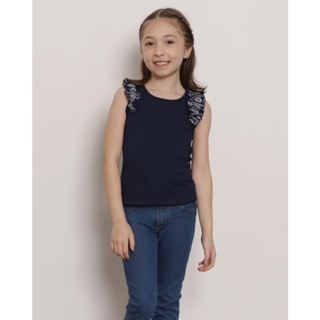 Blusa Infantil Manga Curta Com Babado Malha Laise Marinho