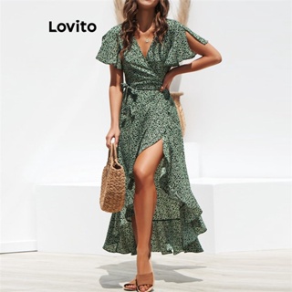 Lovito Casual Vestido Feminino Floral com Fenda e Babados LNE27332 (Verde/Preto)