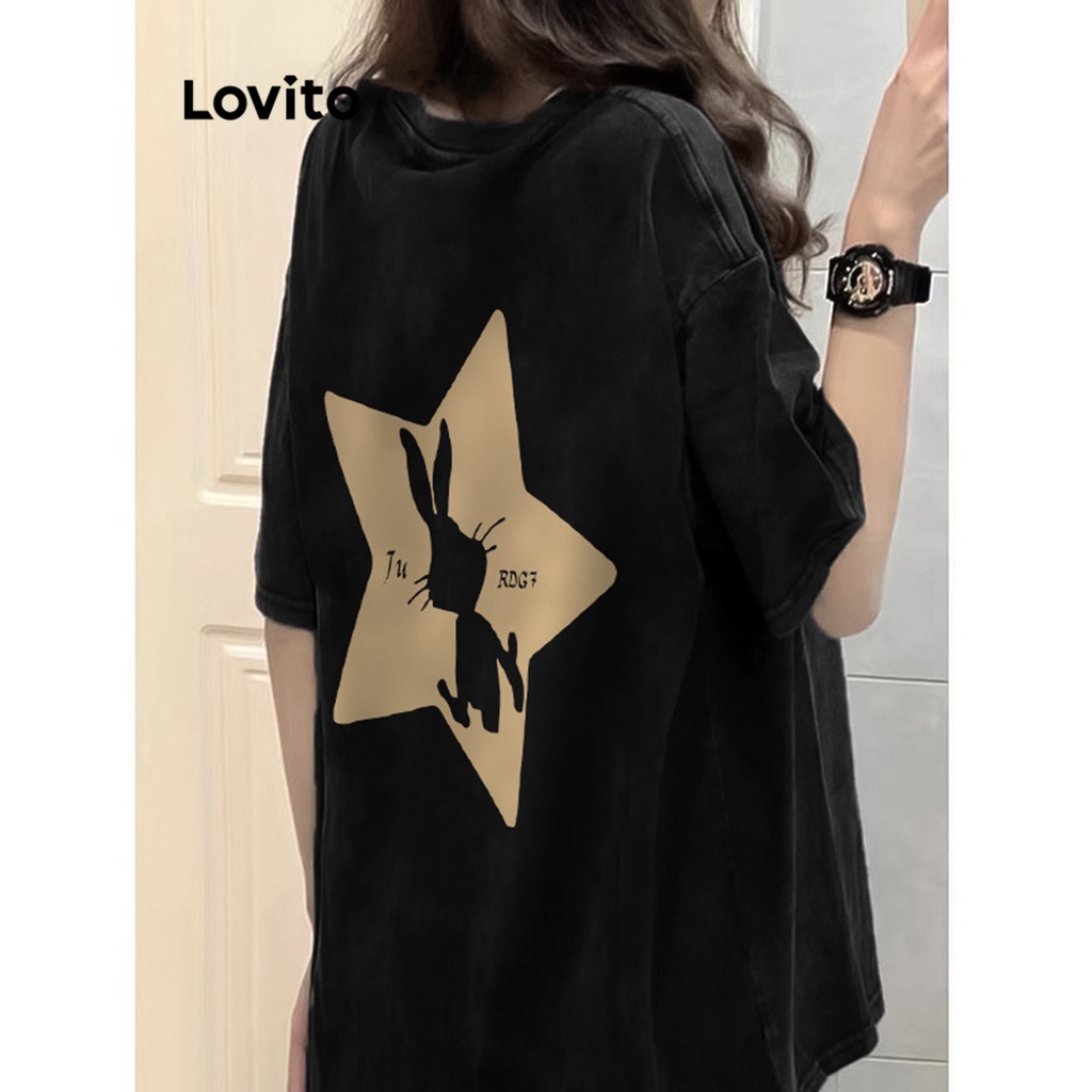 Lovito Camiseta Casual com Padrão de Estrelas para Mulheres LNA17209 (Preto)