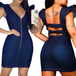Vestido Feminino Jeans Liso Com Zíper Frontal Toque Moderno