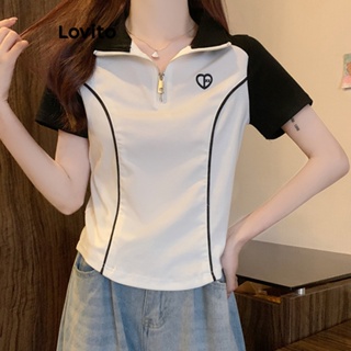 Lovito Camiseta Feminina Casual Com Zíper Frontal Liso Colorblock Contrastante LNE31242 (Branco Preto)