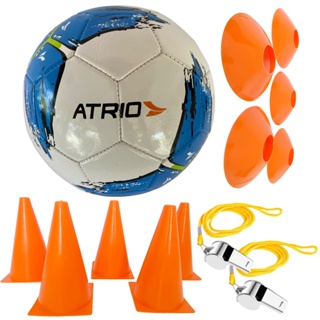 Kit Bola Futebol Atrio + 2 Apitos De Metal Com Cordão + 5 Cones + 5 Pratos Laranja Treino Funcional Tecnico Campo Jogo