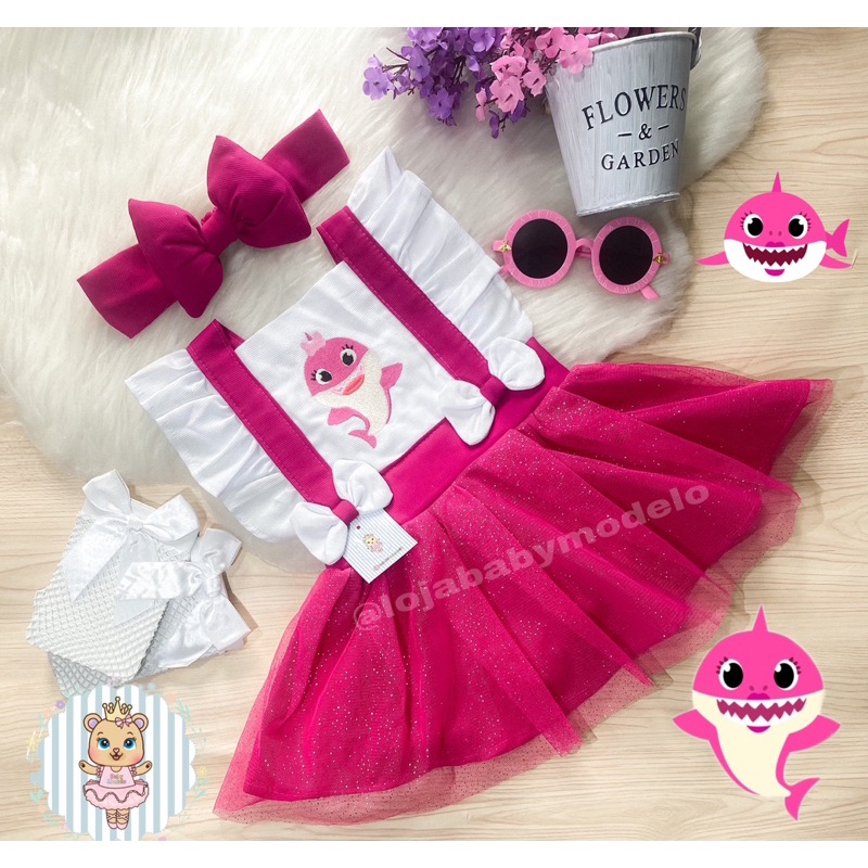 Romper Baby Shark Pink Salopete Fantasia Vestido Saia Jardineira Roupa Infantil Bebê Menina Aniversário