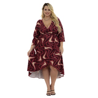 Roupa Feminina Plus Size Vestido Transpassado Estampado