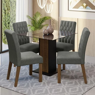 Conjunto Sala de Jantar Mesa Tampo de Vidro 4 Cadeiras Rustic/Preto/Silver Noemi Madesa em Oferta na Shopee