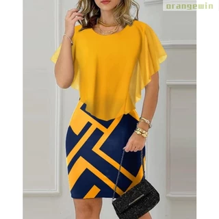 Vestido Curto Falsos Vestidos De Duas Peças Geométricos Impressão Hip Wrap O Pescoço Slim Cintura Retro Bodycon Summer Ladies Mini De Namoro