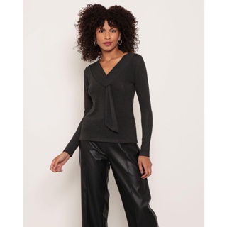 Blusa Feminina Decote V Gravatinha Tricô Preta