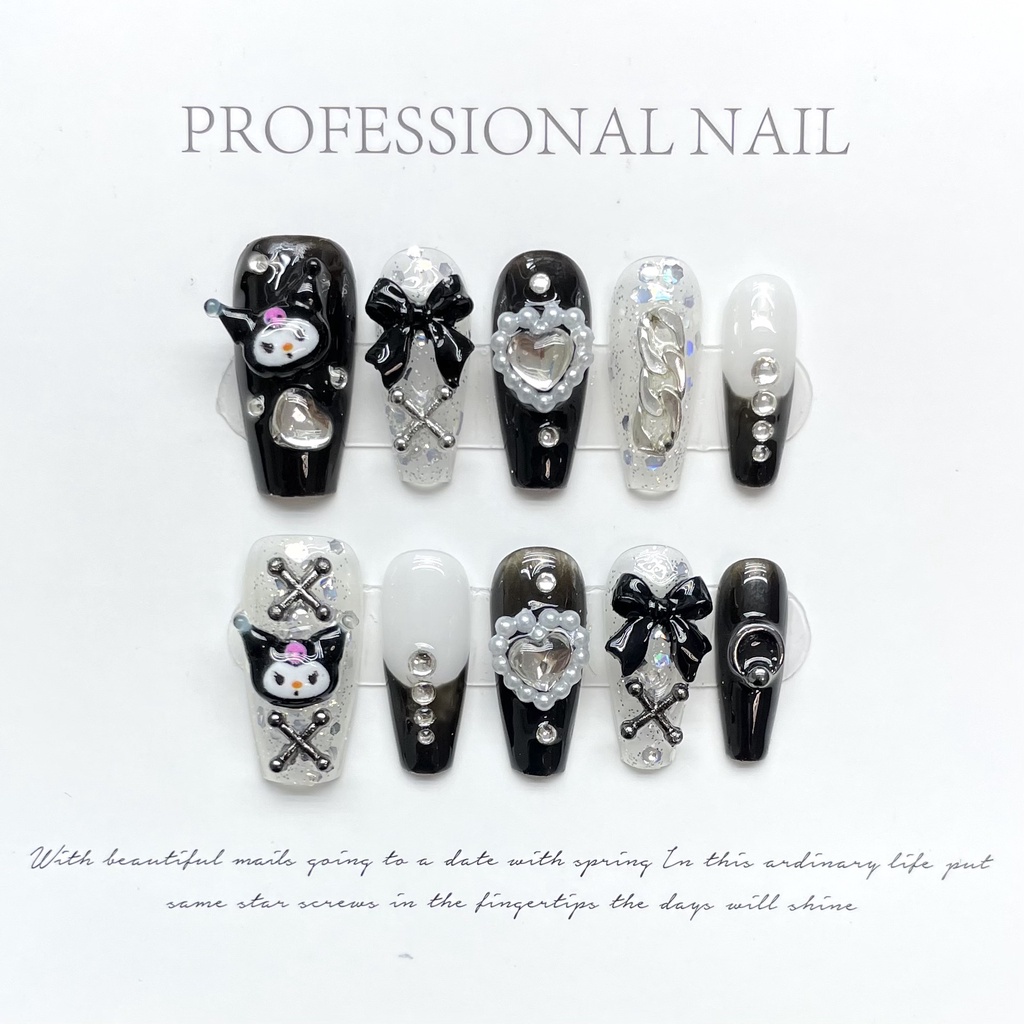 [HANDMADE] Unha Artificial Dark Loli Doce Legal Babes Kuromi Pérola Amor Coração Gradiente Fototerapia Unhas Reutilizáveis e Removíveis