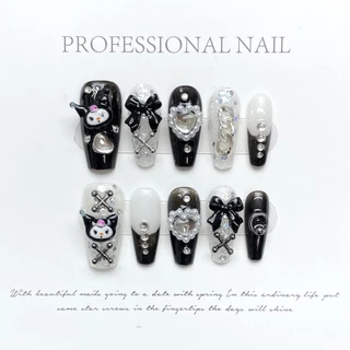 [HANDMADE] Unha Artificial Dark Loli Doce Legal Babes Kuromi Pérola Amor Coração Gradiente Fototerapia Unhas Reutilizáveis e Removíveis
