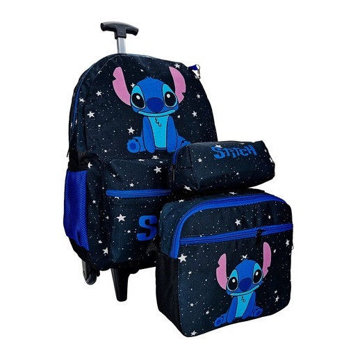 Kit Mochila Stitch Preta Escolar Rodinhas Lancheira e Estojo