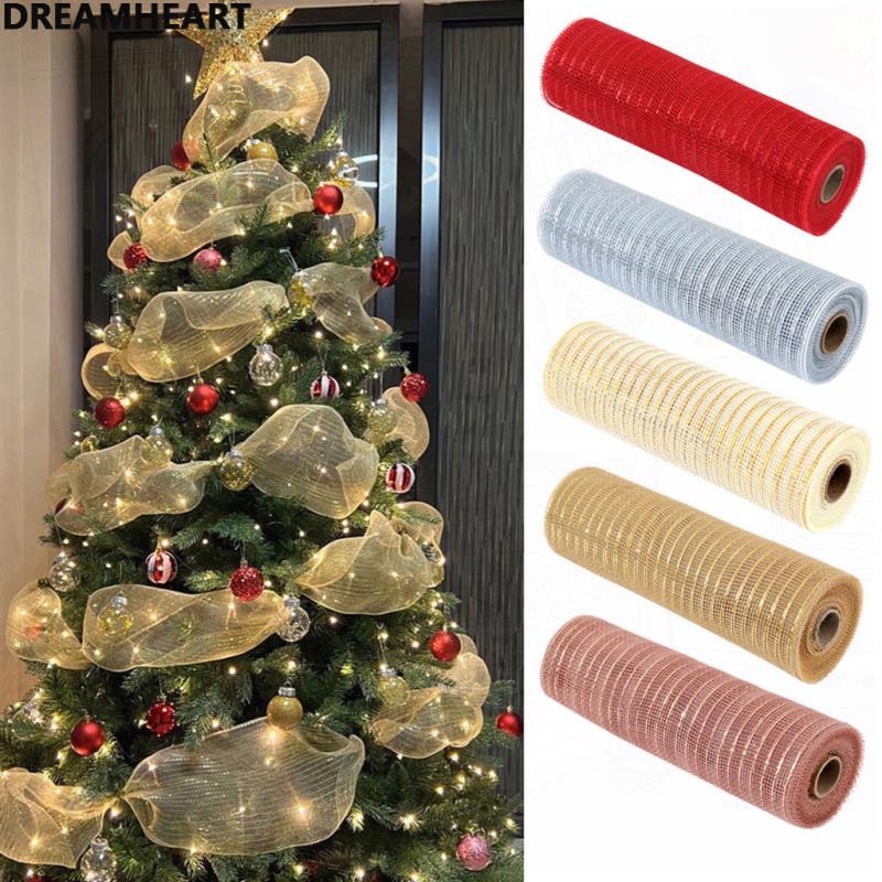 26cm 10 Jardas Ouro Branco Xmas Árvore Glitter Malha De Seda Decorações Fita Casamento Navidad De Natal Para Casa