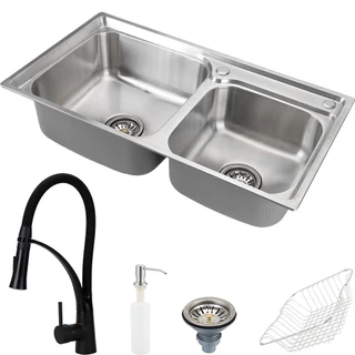 Cuba para cozinha pia dupla com acessórios Ticunas e Torneira monocomando gourmet Solimões Matt Pingoo em Oferta na Shopee