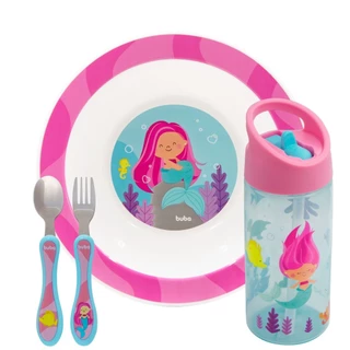 Conjunto Aventuras Sereia Tigelinha Bowl Talheres E Garrafinha Buba