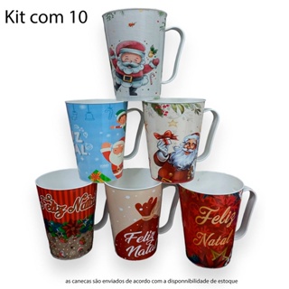 Kit Com 10 Canecas Natalina Estampada 430ml Plástico
