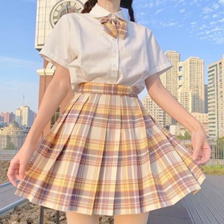 Compre Harajuku japonês conjunto de três peças xadrez mini saia feminina  uniformes escolares saia a linha doce cintura alta feminino kawaii ternos e  conjuntos (camisa + arco + saia)