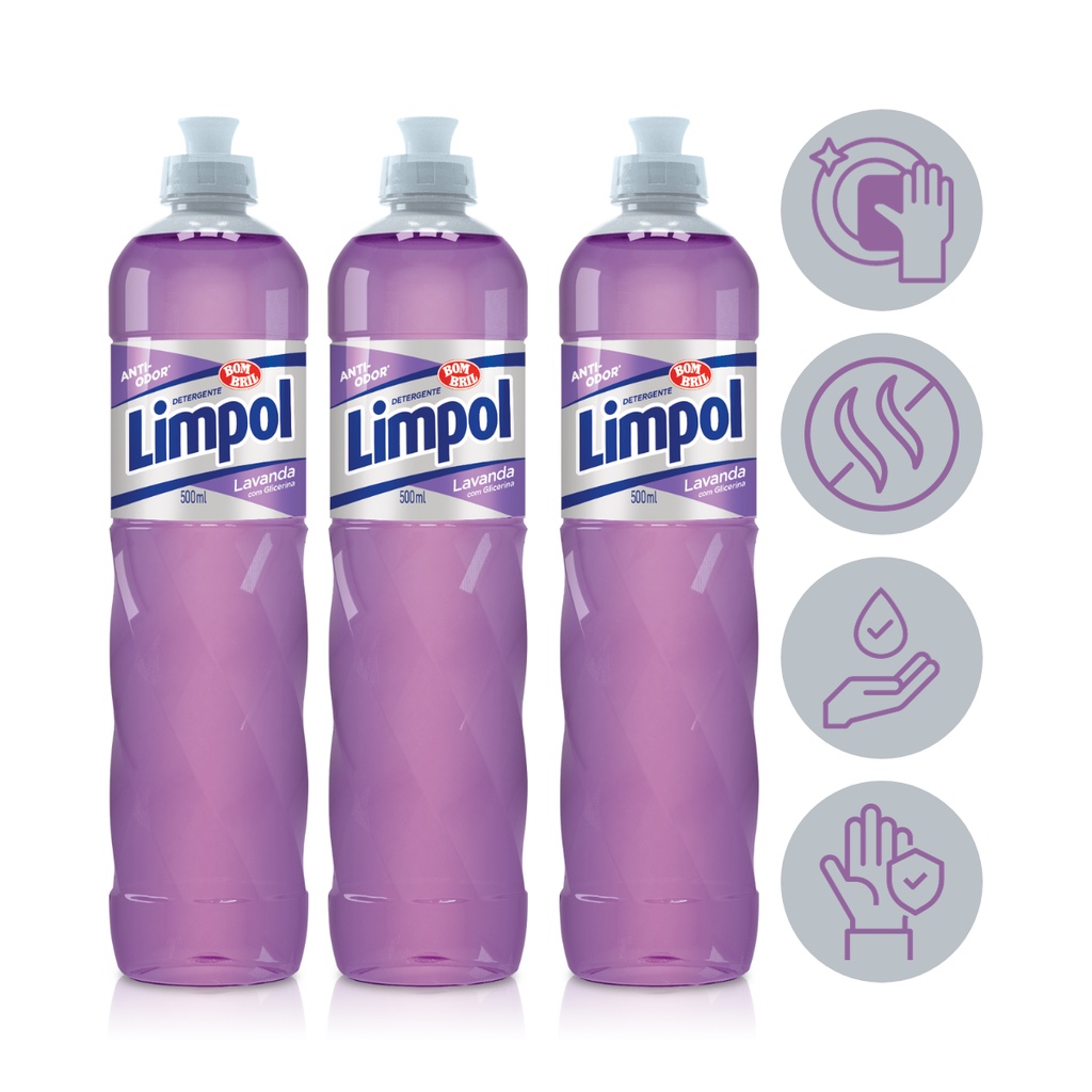 Kit 3 Detergente Anti Odor Lavanda Limpol Bombril 500Ml