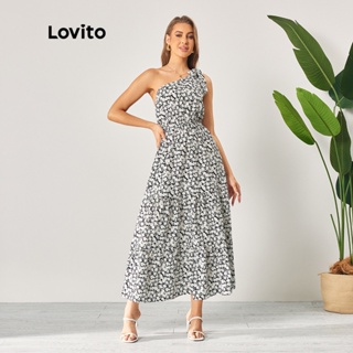 Lovito Vestido Casual Assimétrico com Babado na Barra para Mulheres LBL06099 (Preto e Branco)