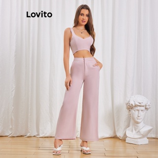 Lovito Conjuntos Elegantes De Calças Com Estrutura Redonda Lisa E Lisa Para Mulheres LBL06167 (Luz Rosa)