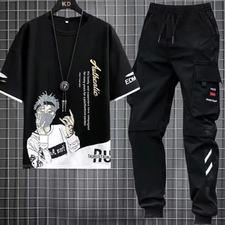 Conjunto De Camisetas De Moda Masculina Com Casuais Manga Curta + Calças De Carga Estilo Hip Hop Joggers