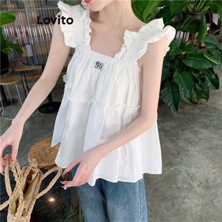 Lovito Blusa Fofa Com Acabamento Em Alface Lisa Para Mulheres LNE41195