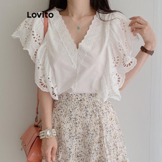 Lovito Blusa Feminina Casual Com Costura Em Tecido Liso E Bordado Com Ilhós LNE44285