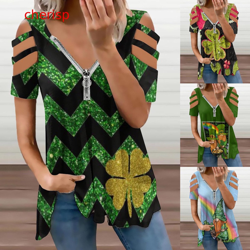 Cherisp 】 Top Para Mulheres Camisa Ocidental Zipper Pullover Manga Curta  Bloco Colorido V Pescoço Moda Casual St Patricks Day