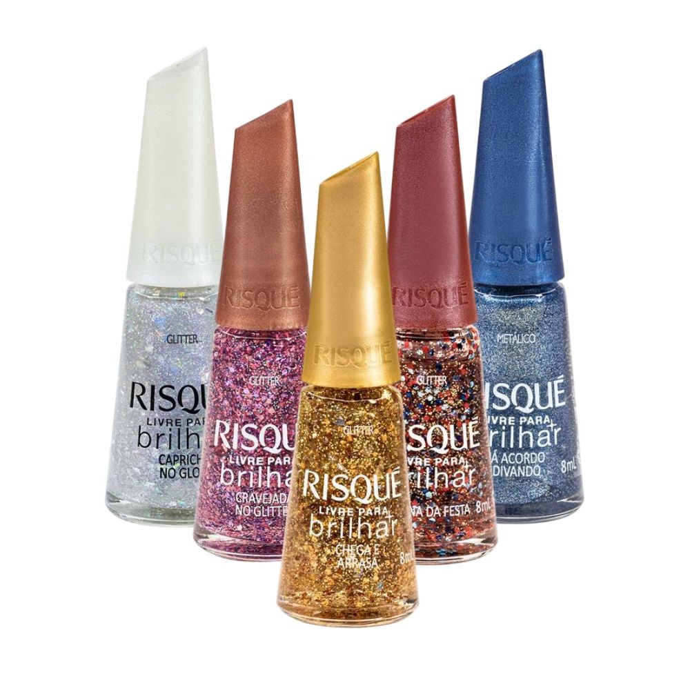 Coleção Esmaltes Risqué Livre para Brilhar | Kit 5 cores | Glitter e ...