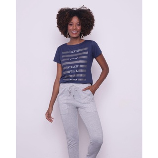 Blusa Feminina Manga Curta Estampa Frontal Marinho