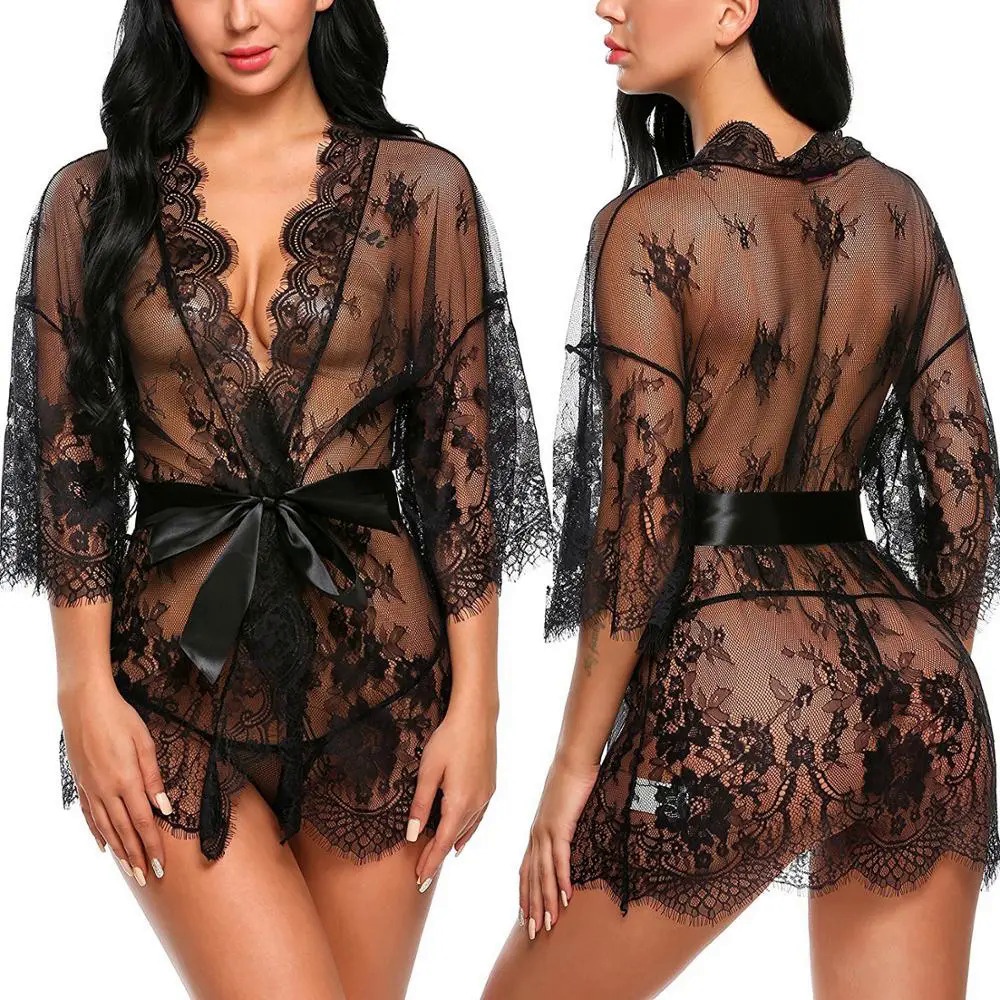 Vestido De Noite Sexy Feminino Em Renda V Profundo Fio-Dental Veja Através Do Dia Dos Namorados Sheer