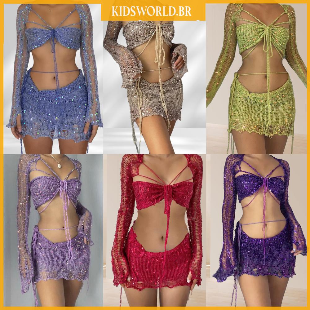 KIDS ~ Ladies Bra Top Cardigan Mini Saia Sem Costas Com Renda Vestuário Clubwear Out Hollow