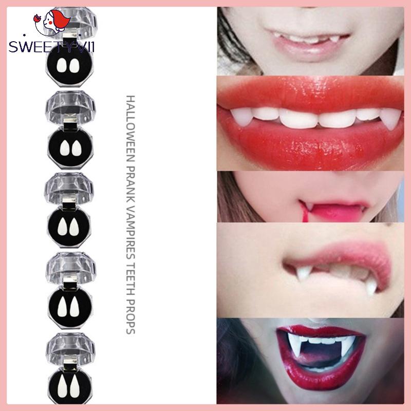 Diy halloween traje adereços dentes de vampiro presas um par de dentaduras  resina adesivo cola sólida dentes falsos decoração festa suprimentos -  AliExpress