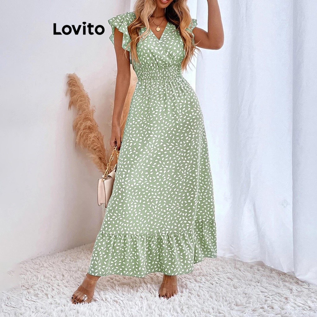Lovito Vestido Boho De Bolinhas Com Babados E Bainha Para Mulheres LNE31128 (Marrom/Verde Claro/Preto)