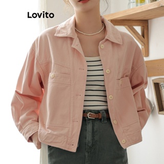 Lovito Casual Jaqueta Jeans Feminina Lisa com Botão e Bolsos LNA29539 (Rosa)