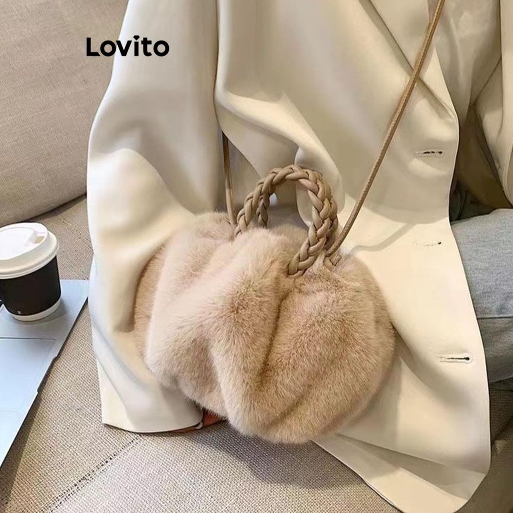 Lovito Bolsa de Ombro de Abóbora Macia com Babados Simples para Mulheres LFA08610 (Cáqui/Marrom/Branco/Preto)